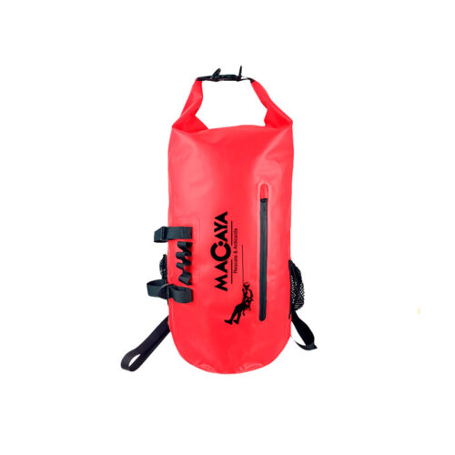 Mochila roja impermeable diseñada para el transporte de equipos, cuerdas o herramientas